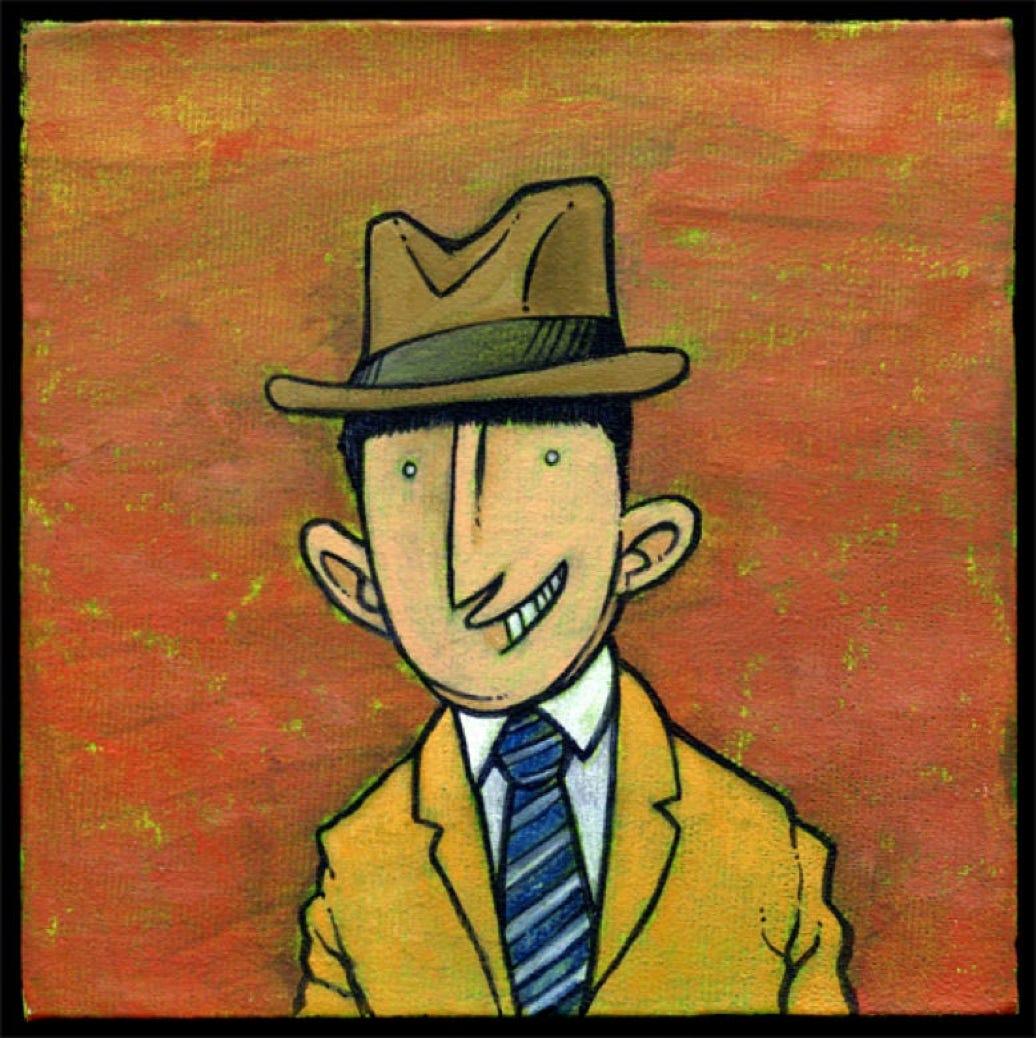 A painted portrait of the cartoon character 'Binny Bob'. A man wearing a brown trilby with a yellow ochre jacket, a white shirt and a blue/white striped tie. He has tiny eyes, a long narrow nose and prominent ears.