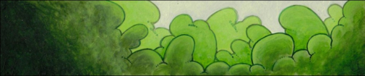 A painted banner depicting stylised green cartoony clouds